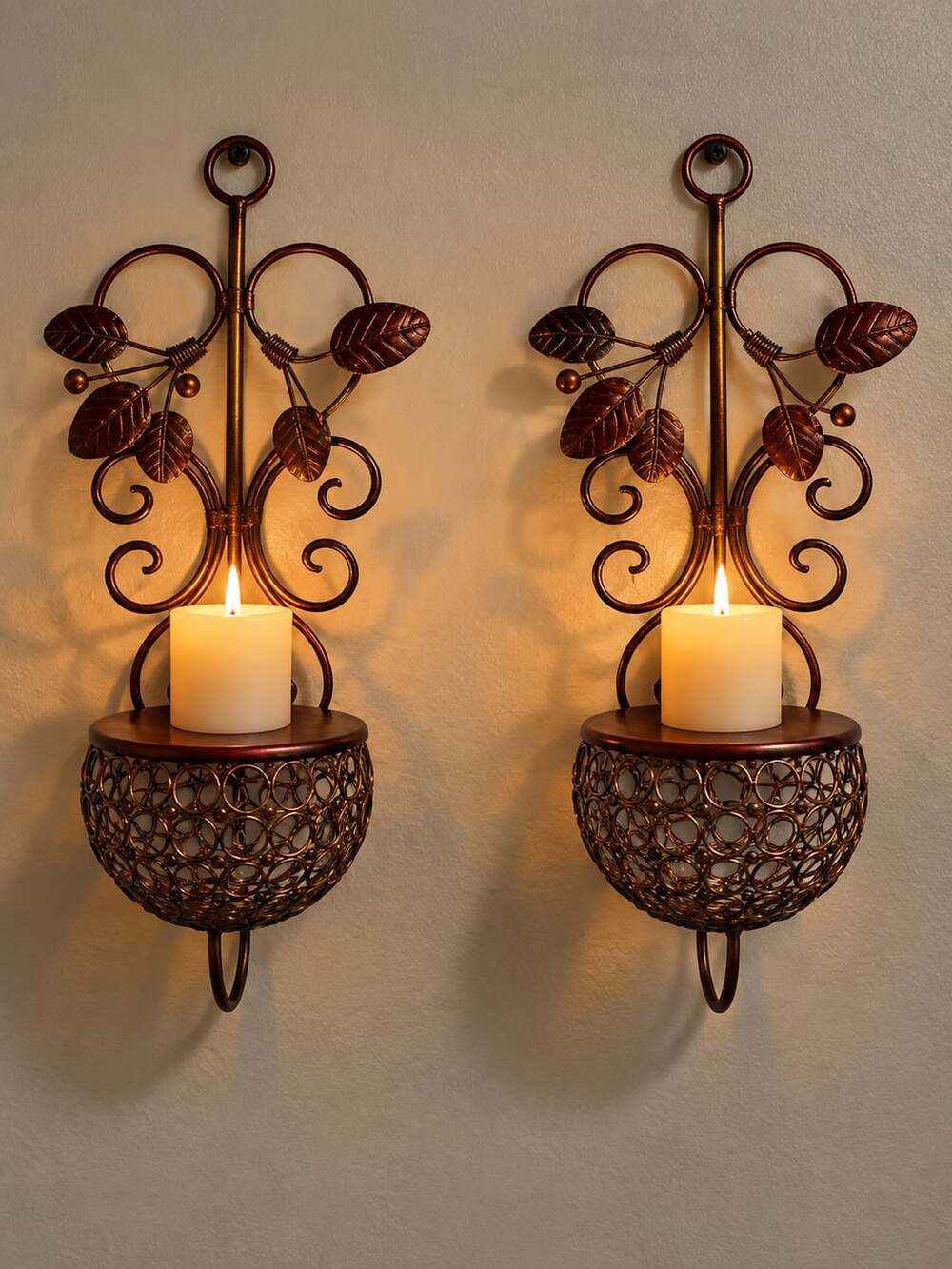 Pair Metal Wall Candle Sconces 14” Leaf Scroll Basket Rustic Bronze Decor